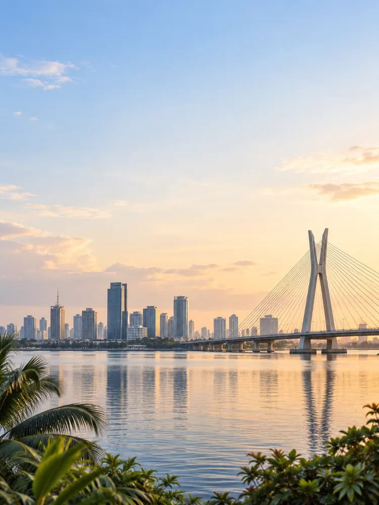 Lagos-inspired waterfront and bridge at sunset